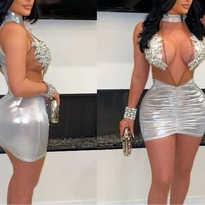 Silver Metallic Halter Mini Dress
